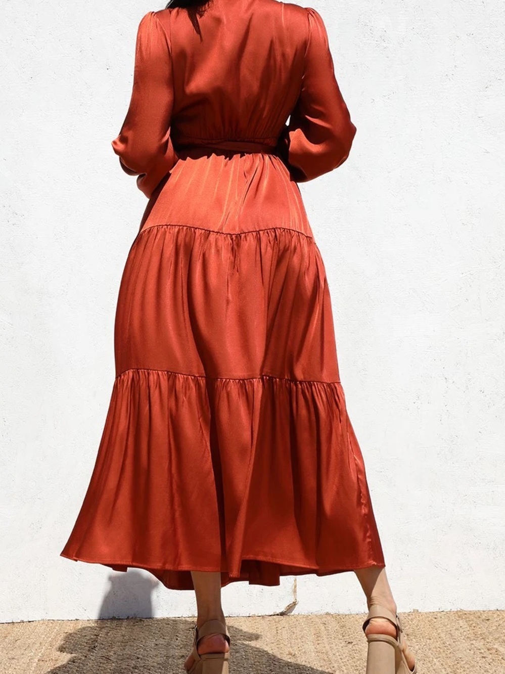 Rust Satin Wrap Maxi Dress with Long Sleeves - Picture 2 of 5